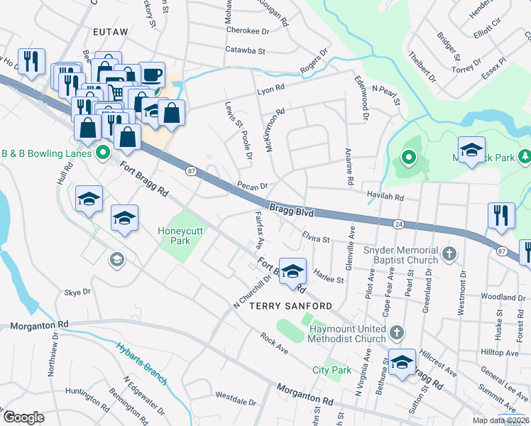 map of restaurants, bars, coffee shops, grocery stores, and more near 424 Fairfax Avenue in Fayetteville