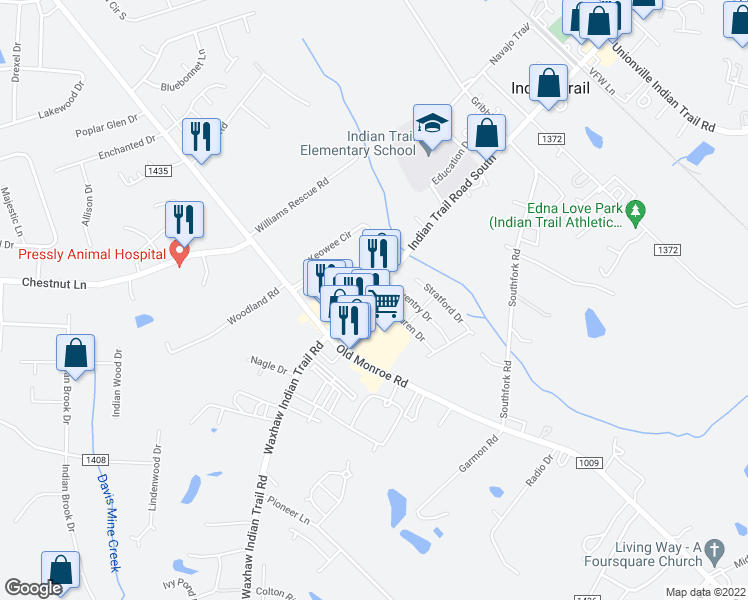 map of restaurants, bars, coffee shops, grocery stores, and more near 134 Lauren Drive in Indian Trail