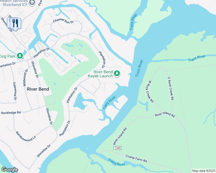 map of restaurants, bars, coffee shops, grocery stores, and more near 104 Sandpiper Court in New Bern
