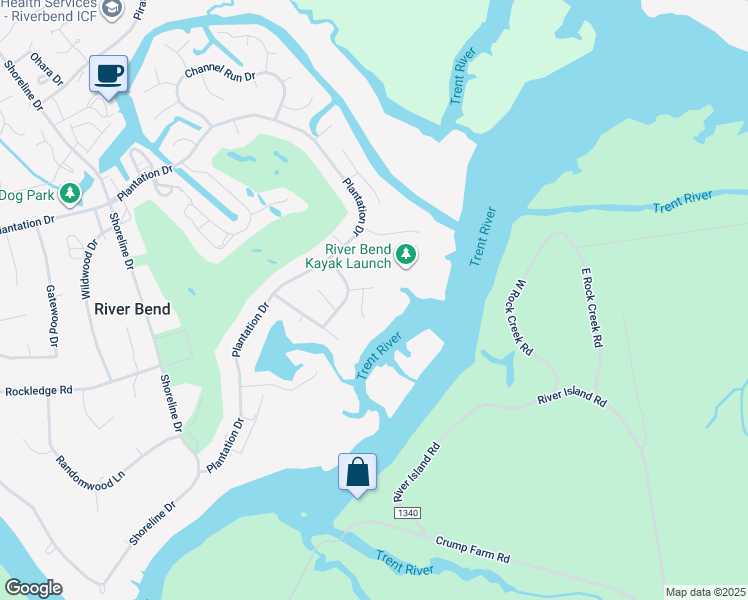 map of restaurants, bars, coffee shops, grocery stores, and more near 104 Sandpiper Court in New Bern