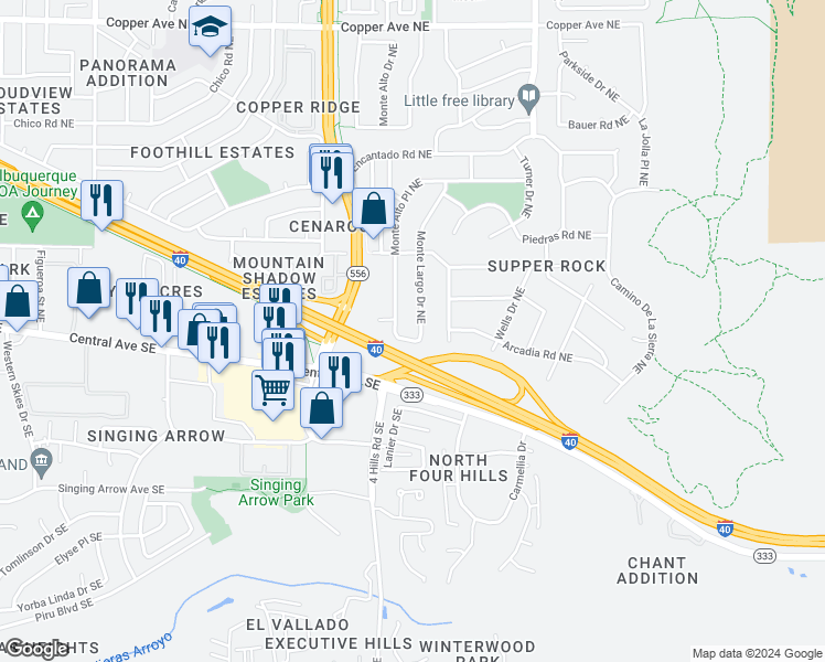 map of restaurants, bars, coffee shops, grocery stores, and more near 191 Monte Largo Drive Northeast in Albuquerque