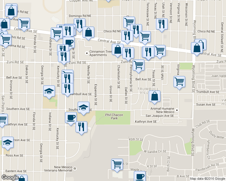 map of restaurants, bars, coffee shops, grocery stores, and more near 421 Charleston Street Southeast in Albuquerque