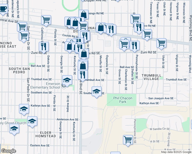 map of restaurants, bars, coffee shops, grocery stores, and more near 520 Chama Street Southeast in Albuquerque