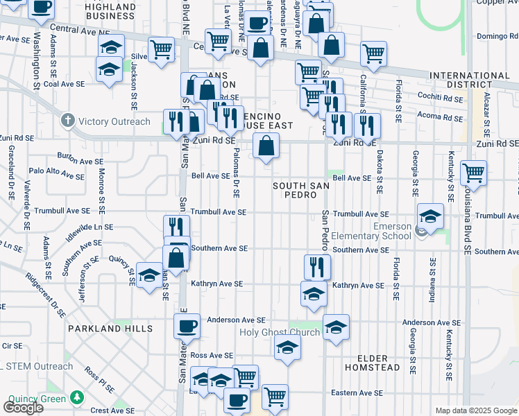 map of restaurants, bars, coffee shops, grocery stores, and more near 615 Valencia Drive Southeast in Albuquerque