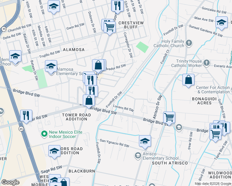 map of restaurants, bars, coffee shops, grocery stores, and more near 851 Foothill Drive Southwest in Albuquerque