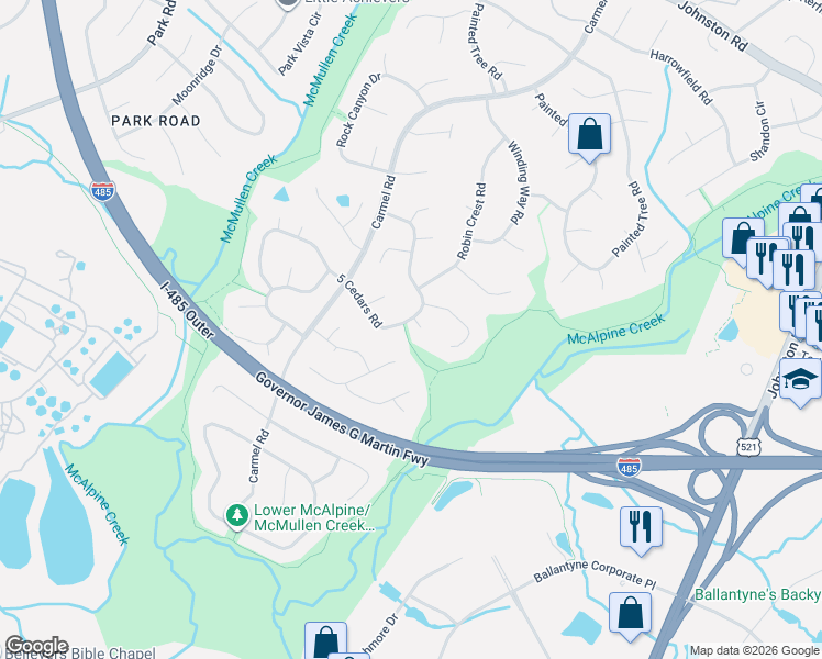 map of restaurants, bars, coffee shops, grocery stores, and more near 11504 5 Cedars Road in Charlotte