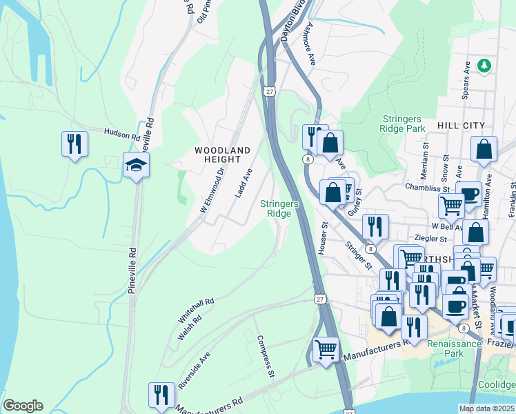 map of restaurants, bars, coffee shops, grocery stores, and more near 447 Wayne Avenue in Chattanooga