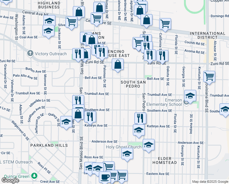 map of restaurants, bars, coffee shops, grocery stores, and more near 615 Valencia Drive Southeast in Albuquerque