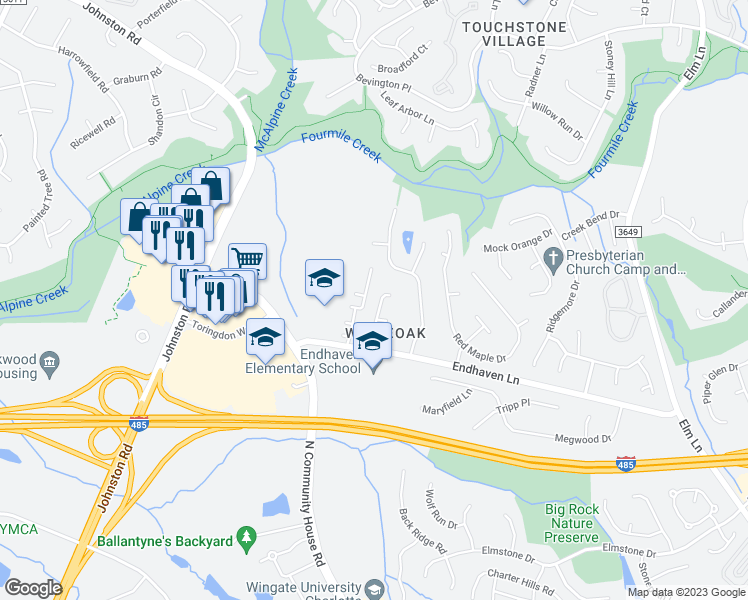 map of restaurants, bars, coffee shops, grocery stores, and more near 10430 Misty Ridge Lane in Charlotte