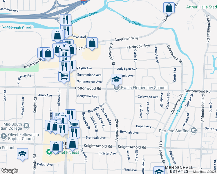 map of restaurants, bars, coffee shops, grocery stores, and more near 4914 Cottonwood Road in Memphis