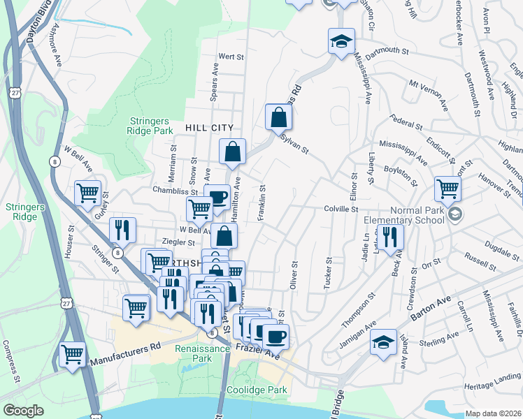 map of restaurants, bars, coffee shops, grocery stores, and more near 700 Franklin Street in Chattanooga
