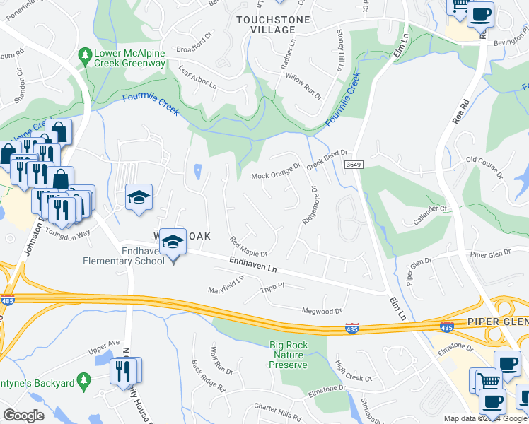 map of restaurants, bars, coffee shops, grocery stores, and more near 6407 Red Maple Drive in Charlotte