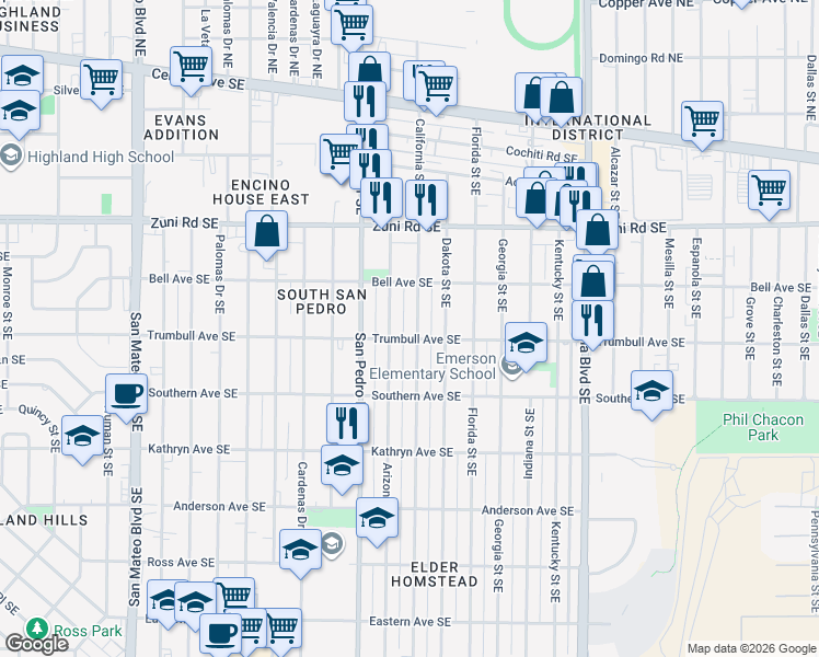 map of restaurants, bars, coffee shops, grocery stores, and more near 520 California Street Southeast in Albuquerque