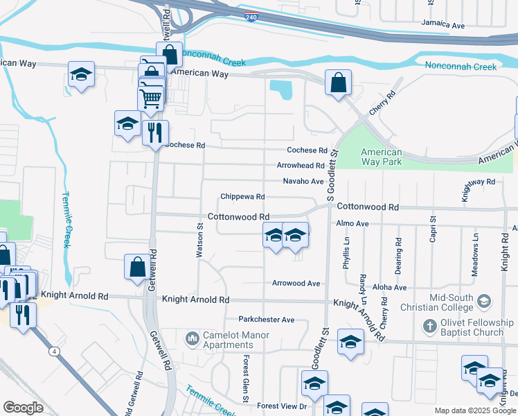 map of restaurants, bars, coffee shops, grocery stores, and more near 2896 Claudette Road in Memphis