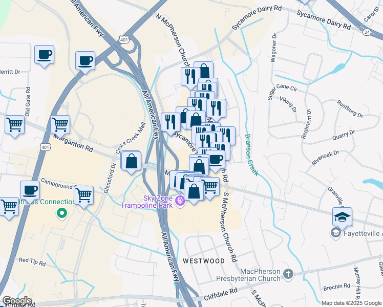 map of restaurants, bars, coffee shops, grocery stores, and more near 4192 Sycamore Dairy Road in Fayetteville