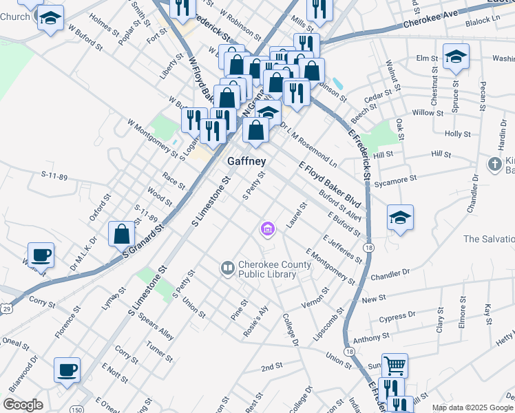 map of restaurants, bars, coffee shops, grocery stores, and more near 205 South Petty Street in Gaffney