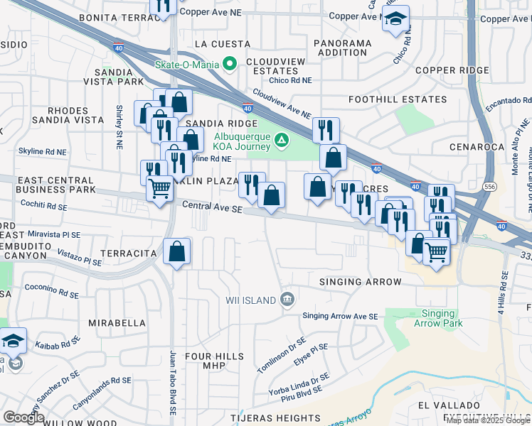 map of restaurants, bars, coffee shops, grocery stores, and more near Central Ave NE & Western Skies Dr SE in Albuquerque