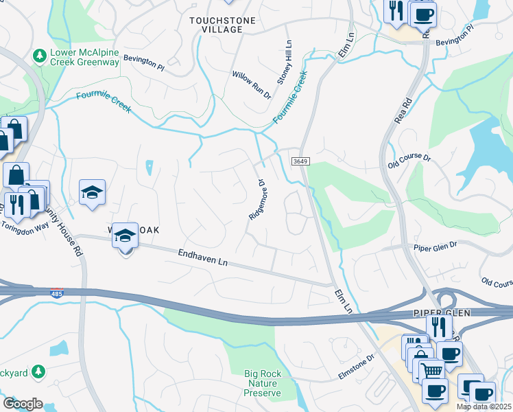 map of restaurants, bars, coffee shops, grocery stores, and more near 10100 Ridgemore Drive in Charlotte