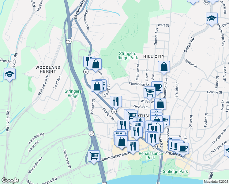 map of restaurants, bars, coffee shops, grocery stores, and more near 332 Pine Ridge Road in Chattanooga