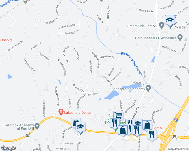 map of restaurants, bars, coffee shops, grocery stores, and more near 473 Saint George Road in Fort Mill