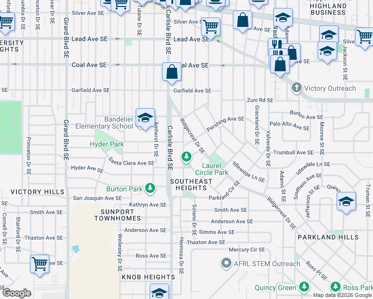 map of restaurants, bars, coffee shops, grocery stores, and more near 704 Parkland Circle Southeast in Albuquerque