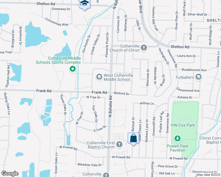 map of restaurants, bars, coffee shops, grocery stores, and more near 1101 North Byhalia Road in Collierville