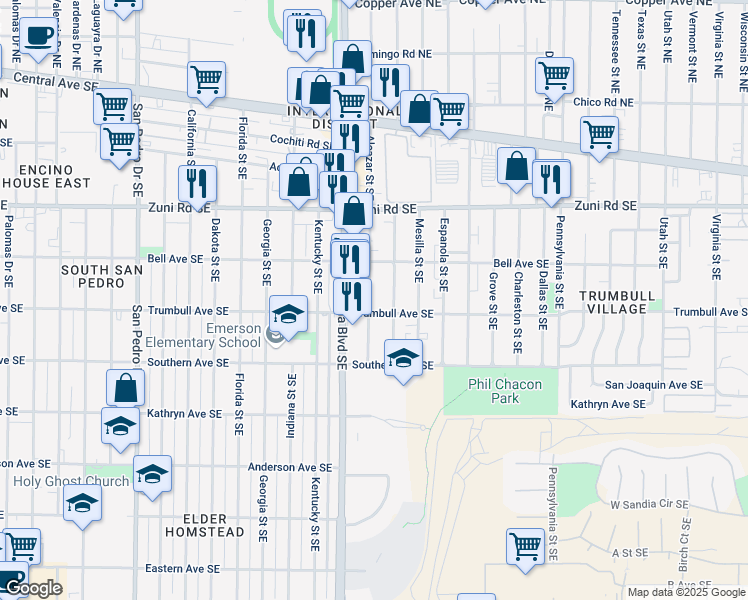 map of restaurants, bars, coffee shops, grocery stores, and more near 536 Alcazar Street Southeast in Albuquerque