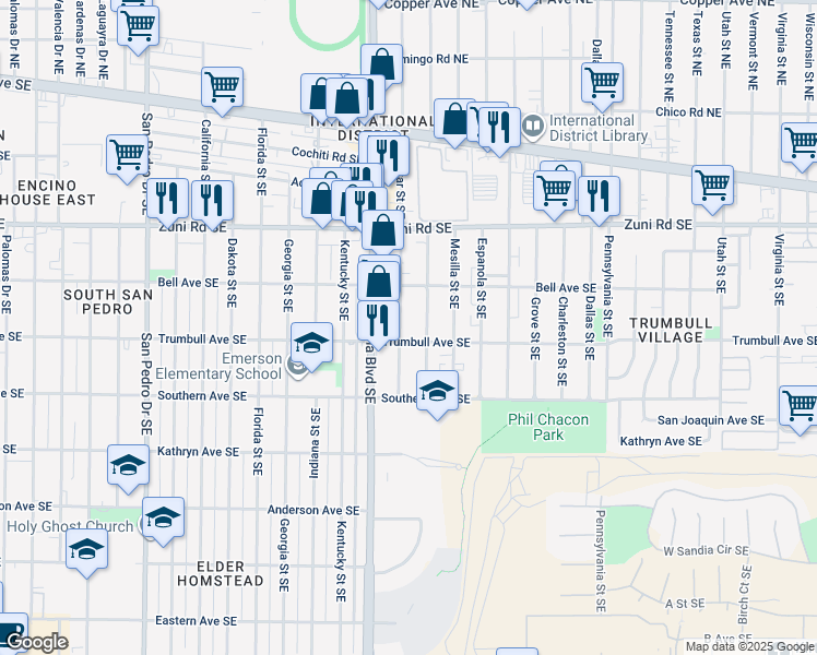 map of restaurants, bars, coffee shops, grocery stores, and more near 521 Alcazar Street Southeast in Albuquerque