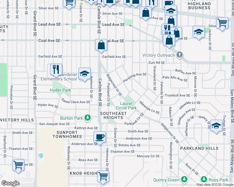 map of restaurants, bars, coffee shops, grocery stores, and more near 702 Ridgecrest Drive Southeast in Albuquerque