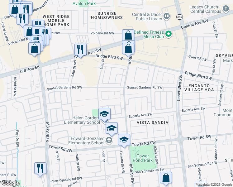 map of restaurants, bars, coffee shops, grocery stores, and more near 8835 Odin Road Southwest in Albuquerque