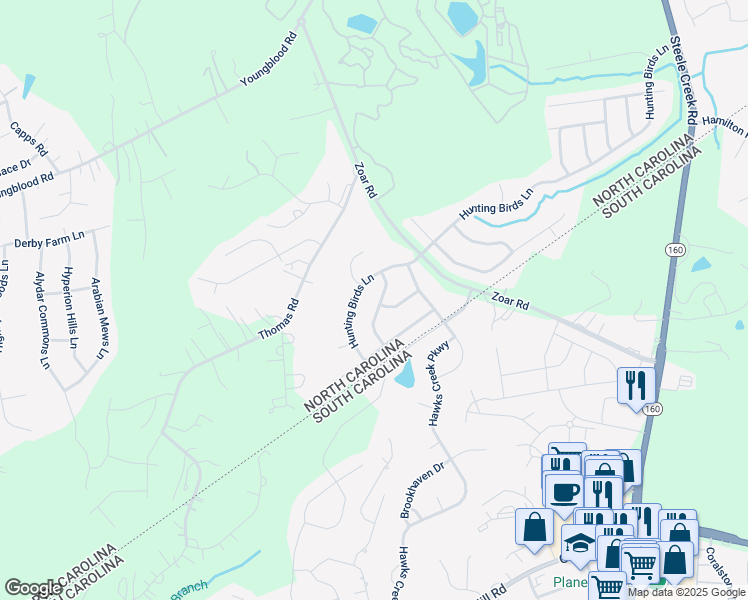 map of restaurants, bars, coffee shops, grocery stores, and more near 13117 Hunting Birds Lane in Charlotte
