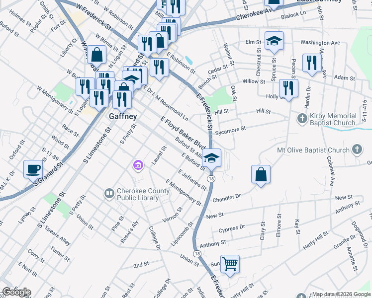 map of restaurants, bars, coffee shops, grocery stores, and more near 421 East Buford Street in Gaffney