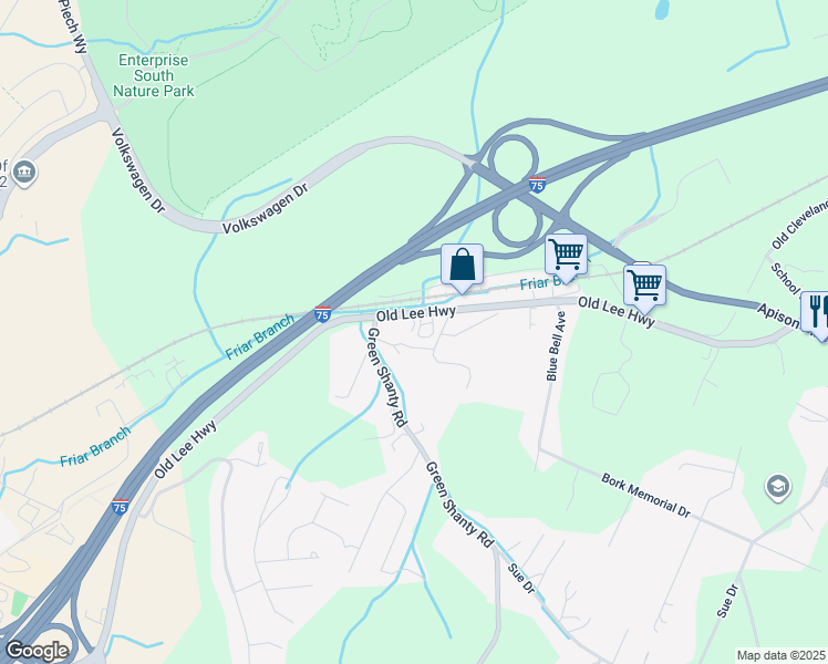 map of restaurants, bars, coffee shops, grocery stores, and more near 7808 Old Lee Highway in Ooltewah