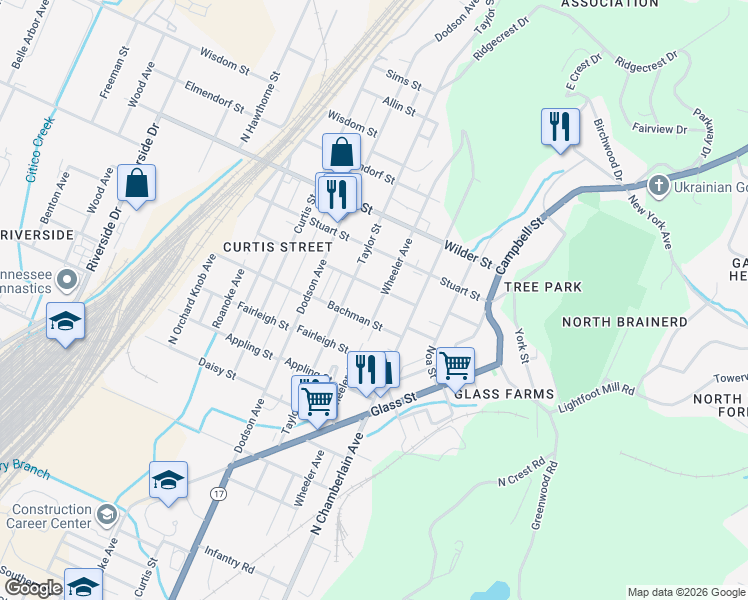 map of restaurants, bars, coffee shops, grocery stores, and more near 2902 Wheeler Avenue in Chattanooga