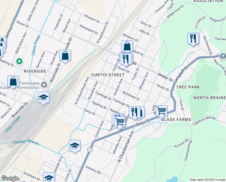 map of restaurants, bars, coffee shops, grocery stores, and more near 2104 Bachman Street in Chattanooga