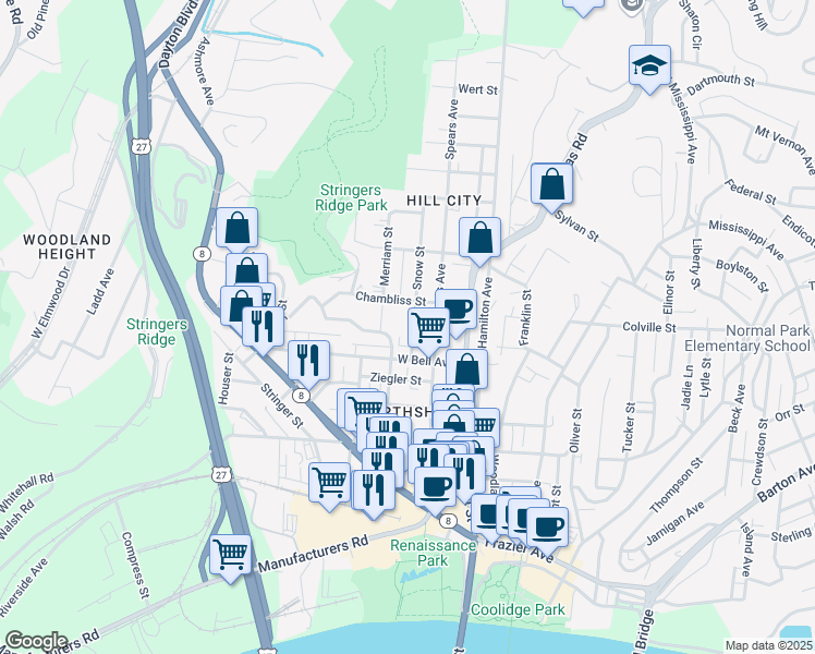 map of restaurants, bars, coffee shops, grocery stores, and more near 625 Snow Street in Chattanooga