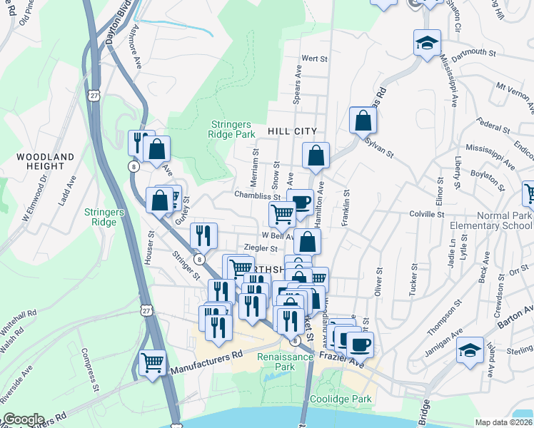 map of restaurants, bars, coffee shops, grocery stores, and more near 625 Snow Street in Chattanooga