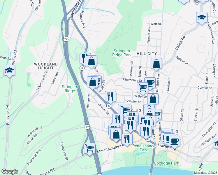 map of restaurants, bars, coffee shops, grocery stores, and more near 332 Pine Ridge Road in Chattanooga