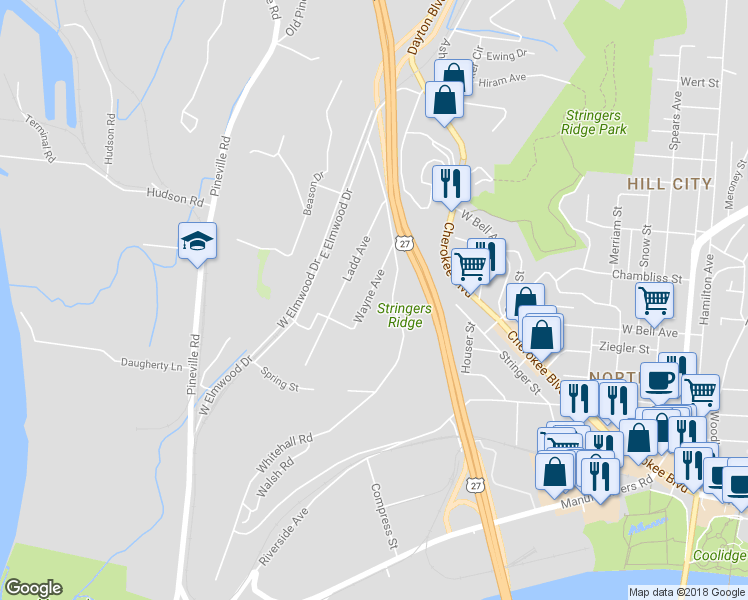 map of restaurants, bars, coffee shops, grocery stores, and more near 447 Wayne Avenue in Chattanooga