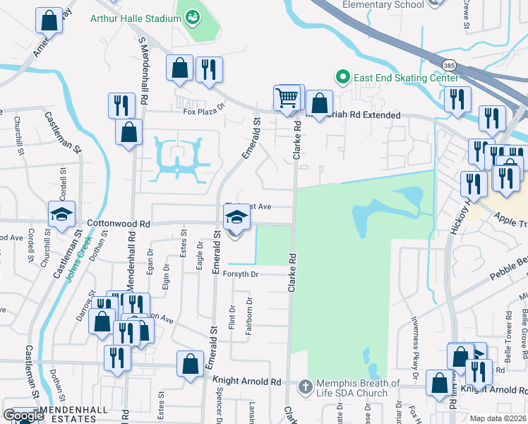 map of restaurants, bars, coffee shops, grocery stores, and more near 5594 Elmhurst Avenue in Memphis