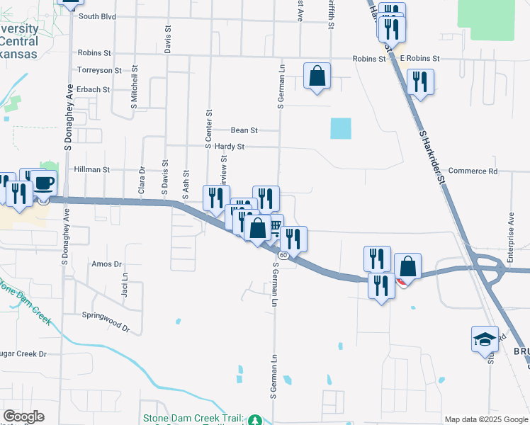 map of restaurants, bars, coffee shops, grocery stores, and more near 729 South German Lane in Conway