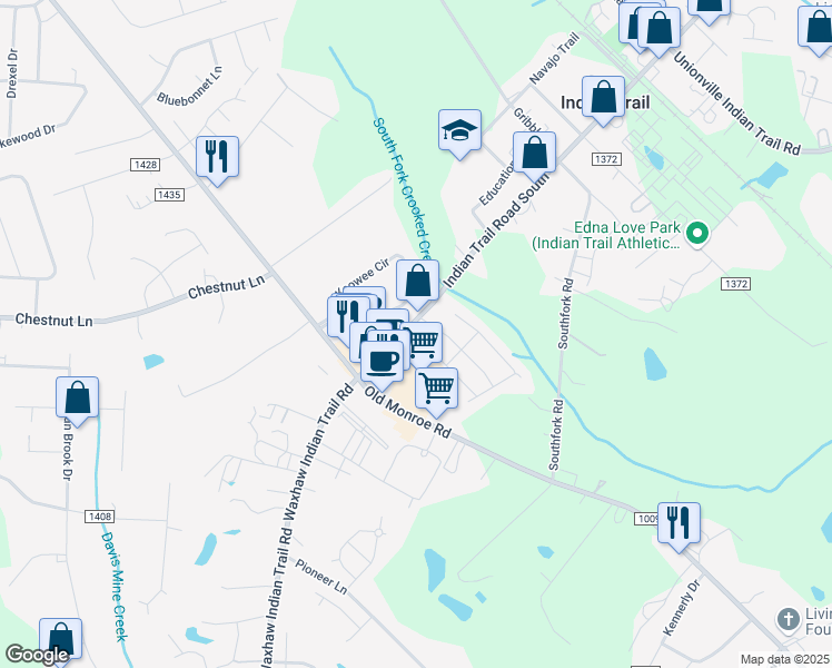 map of restaurants, bars, coffee shops, grocery stores, and more near 132 Lauren Drive in Indian Trail