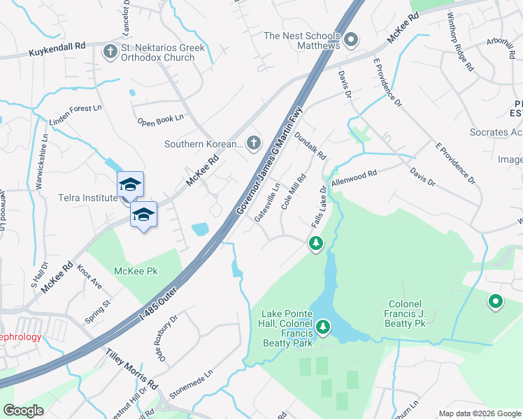 map of restaurants, bars, coffee shops, grocery stores, and more near 6310 Gatesville Lane in Charlotte