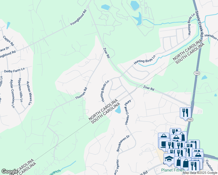 map of restaurants, bars, coffee shops, grocery stores, and more near 13117 Hunting Birds Lane in Charlotte