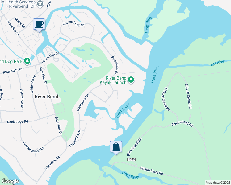 map of restaurants, bars, coffee shops, grocery stores, and more near 201 Teakwood Drive in New Bern