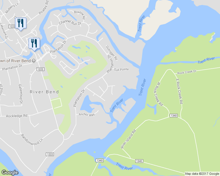 map of restaurants, bars, coffee shops, grocery stores, and more near 201 Teakwood Drive in New Bern