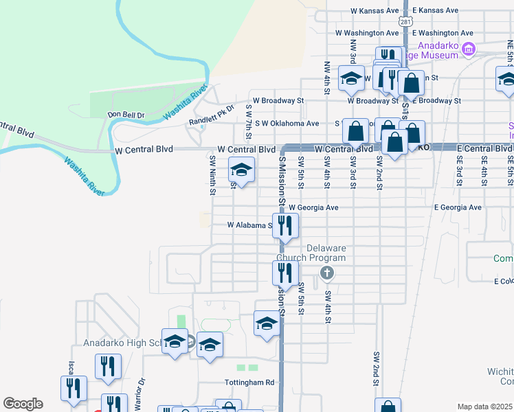 map of restaurants, bars, coffee shops, grocery stores, and more near 508 South West 7th Street in Anadarko