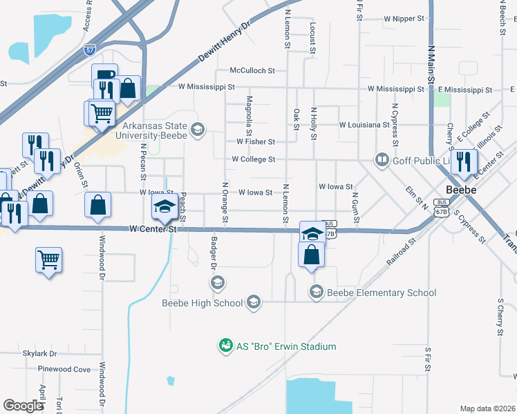 map of restaurants, bars, coffee shops, grocery stores, and more near 809 West Iowa Street in Beebe