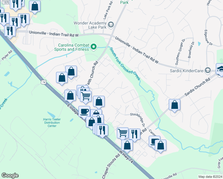 map of restaurants, bars, coffee shops, grocery stores, and more near 1603 Cottage Creek Road in Indian Trail