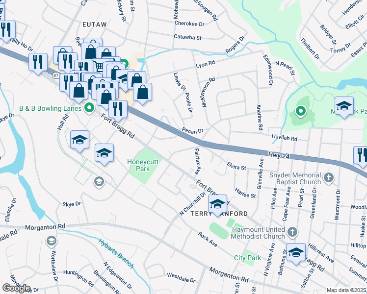 map of restaurants, bars, coffee shops, grocery stores, and more near 417 Mc Pherson Road in Fayetteville